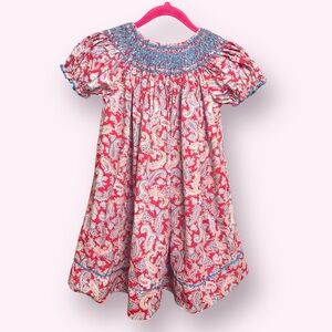 Heirloom Everyday Red Paisley Smocked Bishop Dress -3T-4T